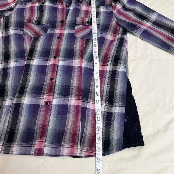 Maurices Premium Purple Plaid Shirt  with Fleur De Lis Embellishments - Picture 9 of 12